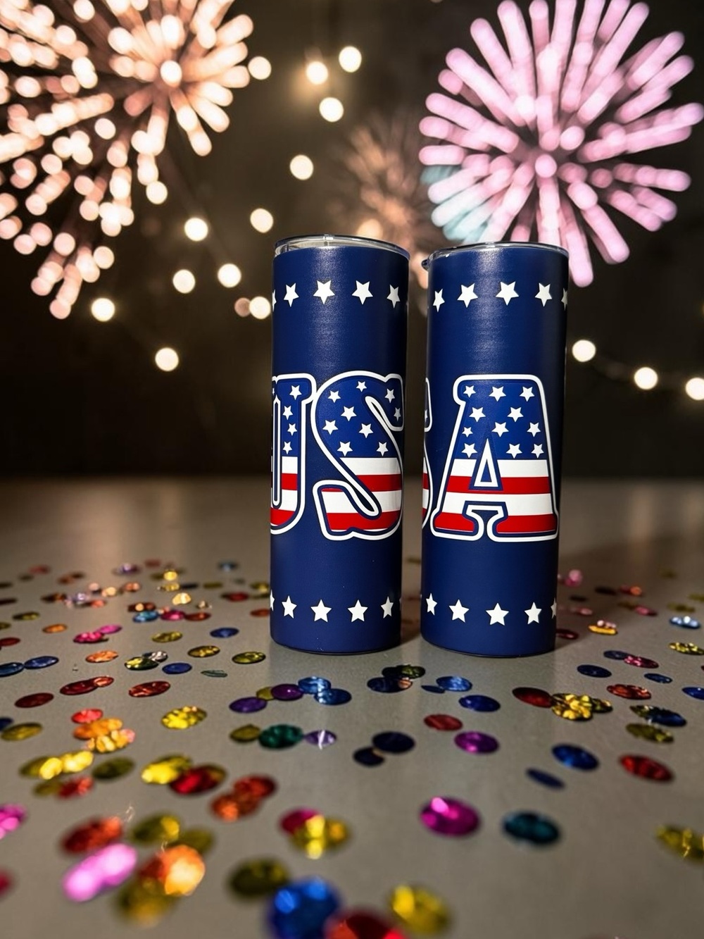 Lot of 2 USA Patriotic Skinny Tumblers 20oz Fourth of July USA Flag Cups NWOT!